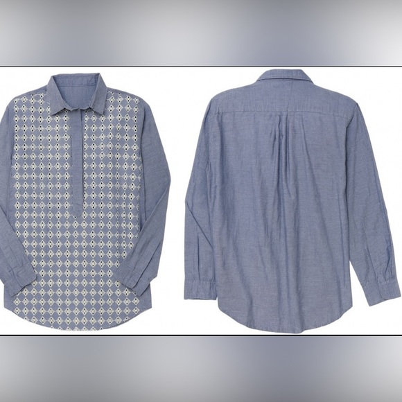 LOFT The Softened Shirt XL Blue Chambray Blouse Eyelet Lace Front Boho - Picture 2 of 9